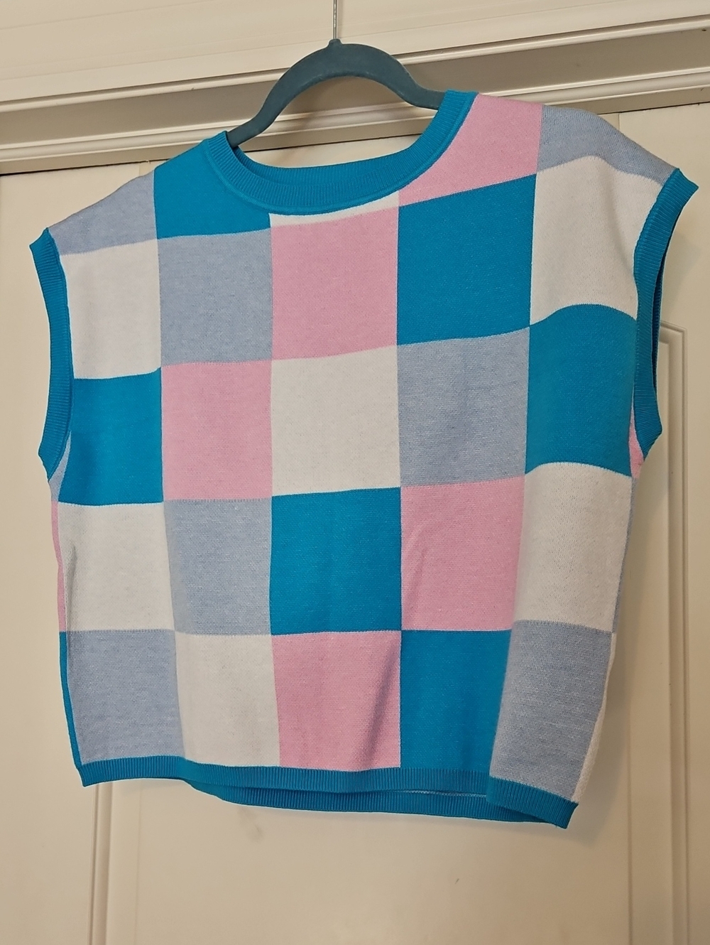 Amazon Checkerboard Knit Top in Blue, Pink & White